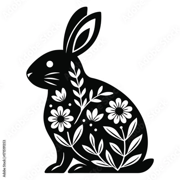 Fototapeta Stylized black rabbit facing right with floral pattern