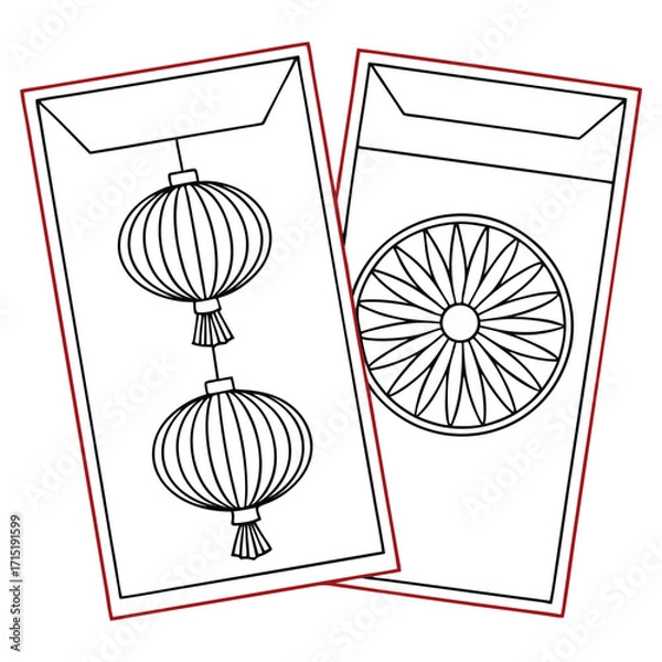 Fototapeta Two envelopes with decorative elements red border black outline