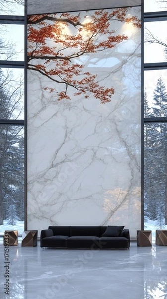 Fototapeta Modern minimalist interior with a large marble wall, featuring a stylized maple branch design, and a black sofa against a snowy winter landscape