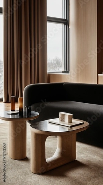 Fototapeta Modern minimalist living room with warm tones  Two wooden coffee tables, a dark couch, and large windows