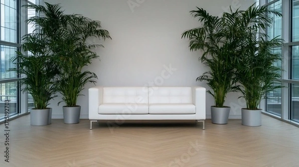 Fototapeta Modern waiting area with white sofa and large plants  Spacious, bright room with large windows, featuring a clean, minimalist aesthetic