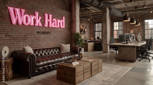 Fototapeta Stylish startup workspace with exposed brick wall, neon “Work Hard” sign, creative vibe