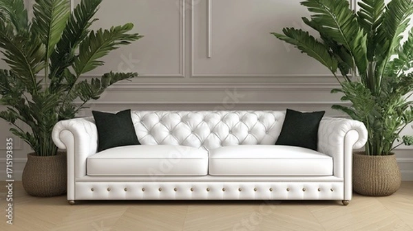 Fototapeta White tufted sofa in a light gray room, accented with greenery  Elegant, classic style, modern design