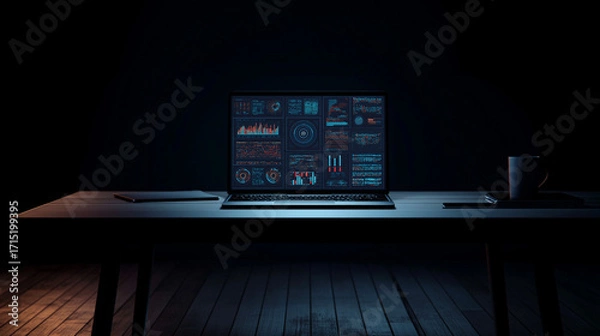 Fototapeta Dark office desk with glowing laptop, futuristic data visualizations on screen