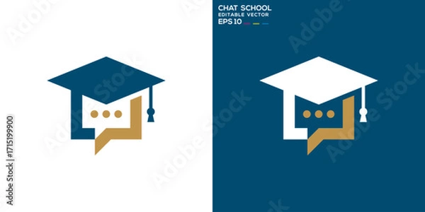 Fototapeta Graduation cap and chat logo. Education, online, graduate, communication. Vector icon symbol template EPS 10.
