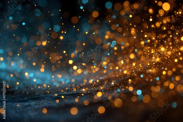 Fototapeta fond lumineux abstrait avec des bokeh dorés et bleus dans l'obscurité, représentant la magie et l'illumination effets lumineux. - Noël, fêtes de fin d'année décembre janvier