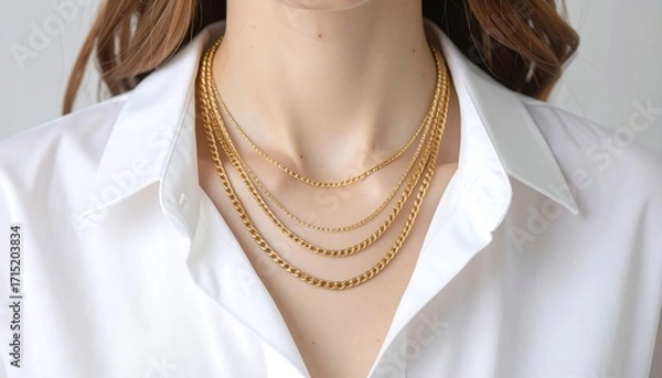 Obraz Gold necklaces layered on a woman