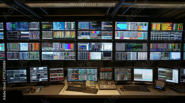 Fototapeta Large wall of monitors in a control room showing stock market tickers