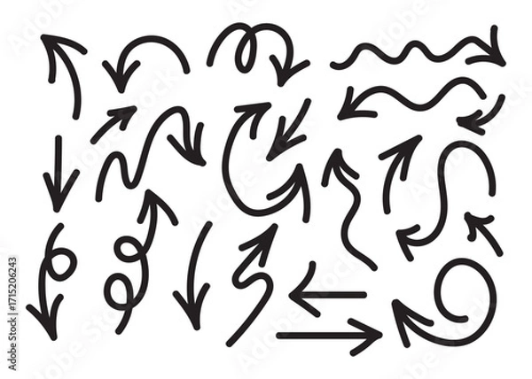 Fototapeta Hand drawn arrow vector icons set. Sketch arrow design for business plan and education. Set of arrows black icons. Circle arrows, rotate arrow, redo process symbol. Vector eps 