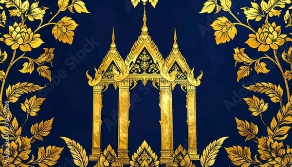 Obraz Gold ornate archway framed by floral patterns on dark blue background