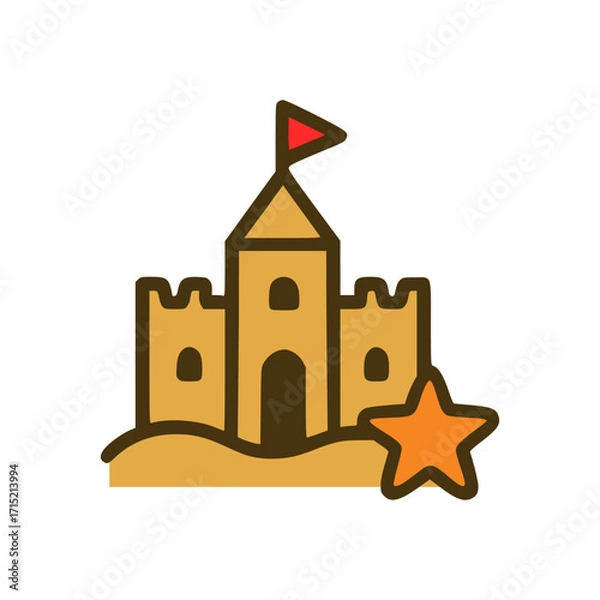 Obraz Cartoon sandcastle with red flag and orange starfish, simple flat design symbol of summer beach holiday vacation fun