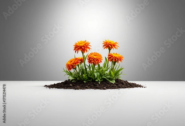 Fototapeta Close-up of vibrant orange flowers growing in a pile of dark soil against a gradient gray background with a studio lighting effect.
