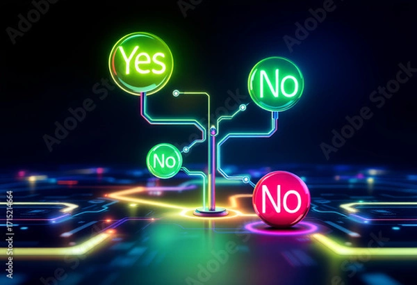 Fototapeta Neon-lit decision tree with glowing Yes and No buttons on a futuristic circuit board background with a dark mood.