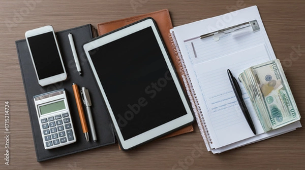 Fototapeta Office desk flat lay with smartphone, tablet, pen, and financial documents neatly arranged