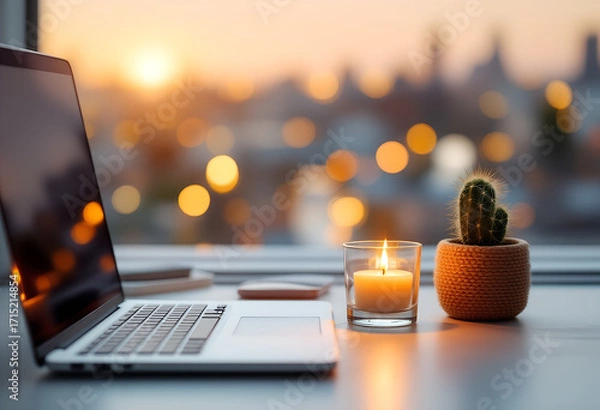 Fototapeta Cozy workspace with laptop, lit candle, and small cactus on a desk overlooking a cityscape during sunset with warm tones.