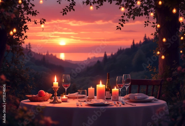 Fototapeta Romantic dinner setup with candles and wine glasses at sunset in a serene outdoor landscape with string lights
