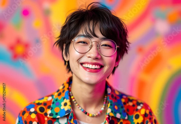 Fototapeta Portrait of a young Asian man with short dark hair and glasses smiling in front of a colorful psychedelic background.