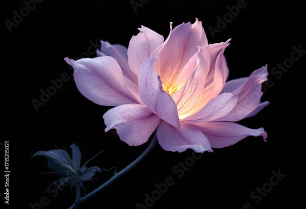 Fototapeta Close-up shot of a delicate pink flower with a glowing center against a dark background.