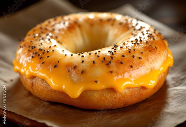 Fototapeta Close-up of a toasted bagel topped with melted cheese and poppy seeds on brown parchment paper.