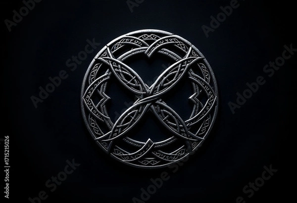 Fototapeta Intricate Celtic knotwork design on a dark background with silver tones and circular composition