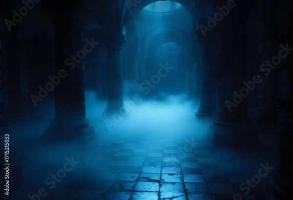 Fototapeta Mysterious blue-lit corridor with fog and stone floor leading to a distant archway in a dark, eerie atmosphere.
