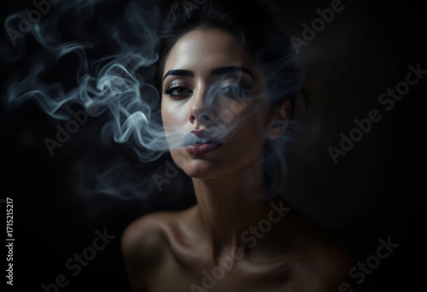 Fototapeta Close-up portrait of a woman exhaling smoke with dramatic lighting and a dark background conveying a moody atmosphere.