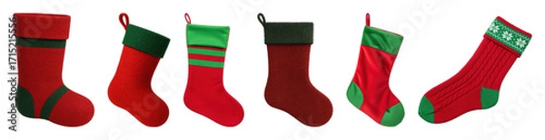 Fototapeta Christmas stockings set including various felt, knitted, and patterned designs isolated. Holiday decoration elements.