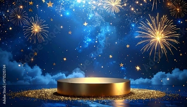Obraz Gold pedestal against a starry night sky with fireworks