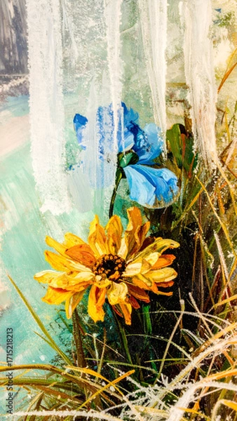 Fototapeta Vibrant Blue Flowers Emerging from Frosty Background in Bloom