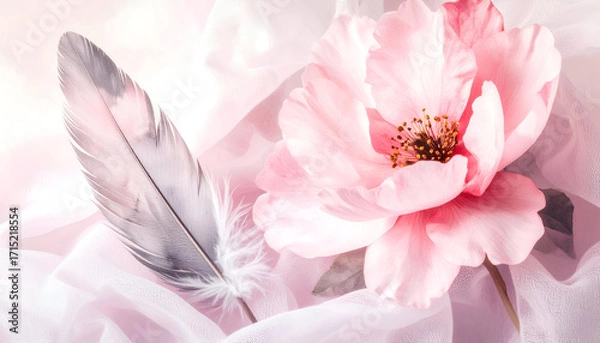 Fototapeta Soft Pink Bloom and Feather Gently Resting on Delicate Cloth
