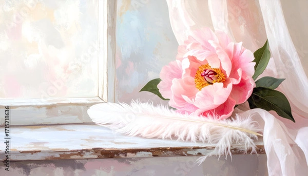 Fototapeta Soft Bloom and Feathers on a Serene Window Bench Setting