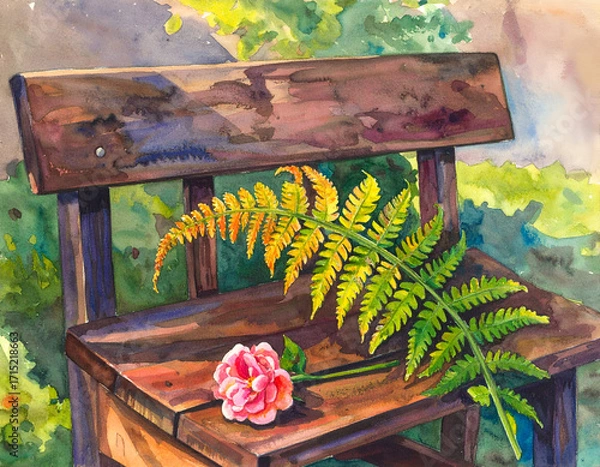 Fototapeta Fern and Bloom on Wooden Bench in a Colorful Garden Setting