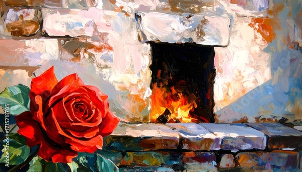Fototapeta Bright Red Rose Beside Warm Hearth with Flickering Firelight