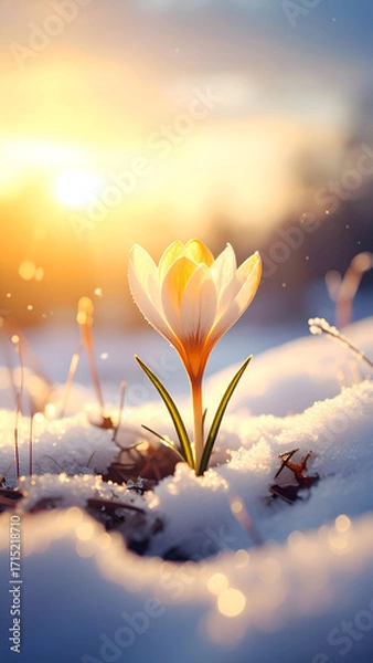 Fototapeta Single Crocus Bloom Emerging Through Frozen Earth with Golden Light