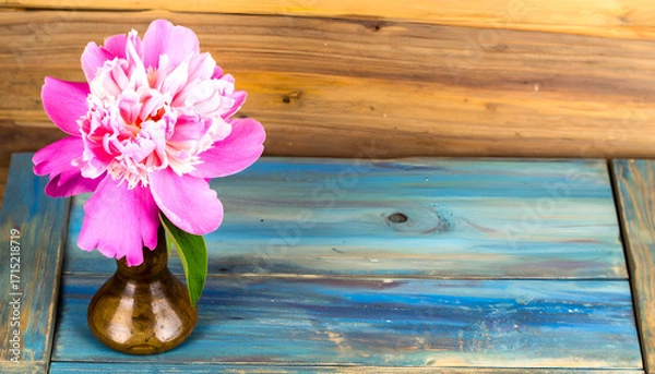 Fototapeta Pink Flower Bloom Resting on Smooth Wooden Surface with Drawer Knob