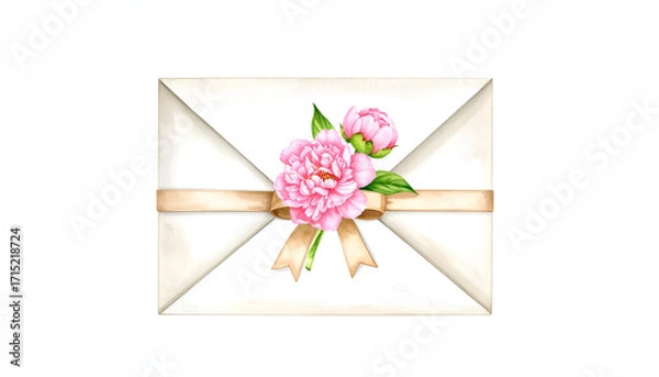 Fototapeta Elegant Paper Envelope with Pink Flowers and Ribbons on White Background