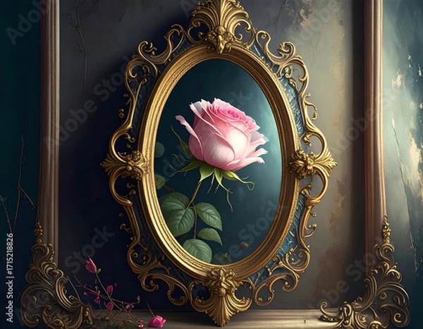 Fototapeta Antique Mirror Frame Reflects Hidden Bloom Beneath Soft Light