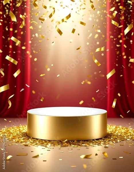 Fototapeta Gold podium with red curtains and confetti