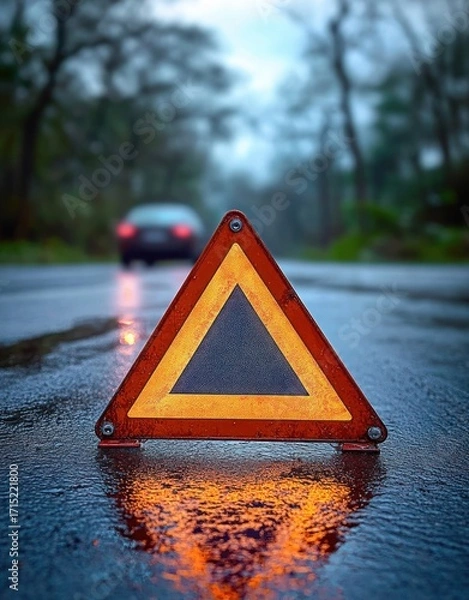 Fototapeta Wet road scene with a reflective orange triangular warning sign placed on slippery asphalt and a blurred car in the background under gloomy weather