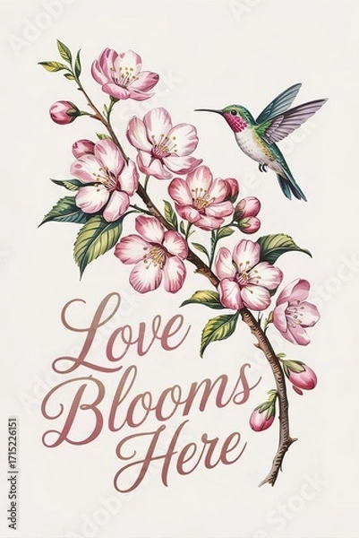 Obraz Hummingbird and Pink Blossoms Springtime Floral Art Print