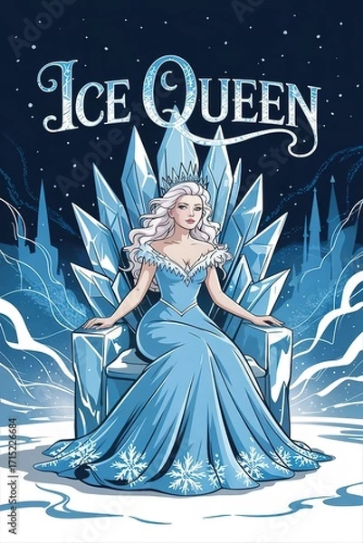 Obraz Ice Queen on Crystal Throne with Snowy Castle Backdrop in Cartoo