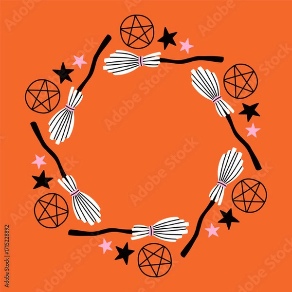 Fototapeta Simple Halloween circle frame. Cute Halloween frame border on orange background. The round vector design with soft colors, perfect for spooky autumn decorations, banners, stickers, ads, sale.