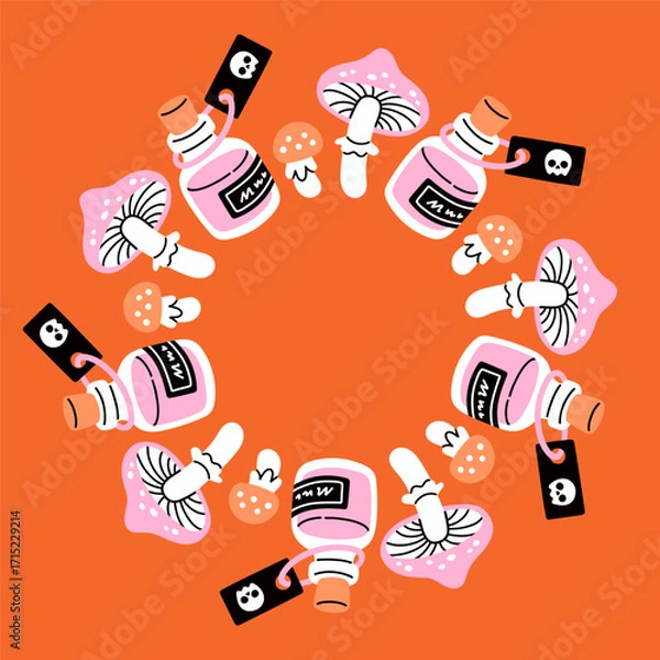 Fototapeta Simple Halloween circle frame. Cute Halloween frame border on orange background. The round vector design with soft colors, perfect for spooky autumn decorations, banners, stickers, ads, sale.
