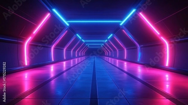 Fototapeta Futuristic tunnel illuminated with neon pink and blue lights creating a symmetrical and vibrant glowing corridor with reflective floor tiles