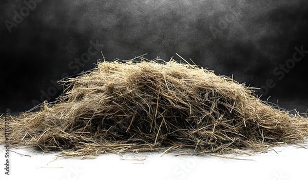 Fototapeta Large pile of dry straw scattered on a surface with a dark textured background creating a rustic atmosphere