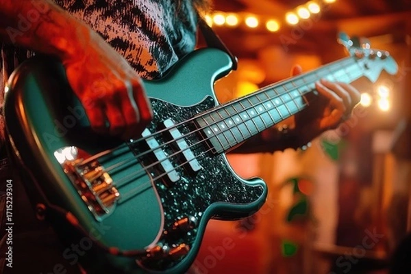 Fototapeta Close-up of a person playing an electric bass guitar with warm ambient lighting and string lights in the background, creating a cozy and focused atmosphere