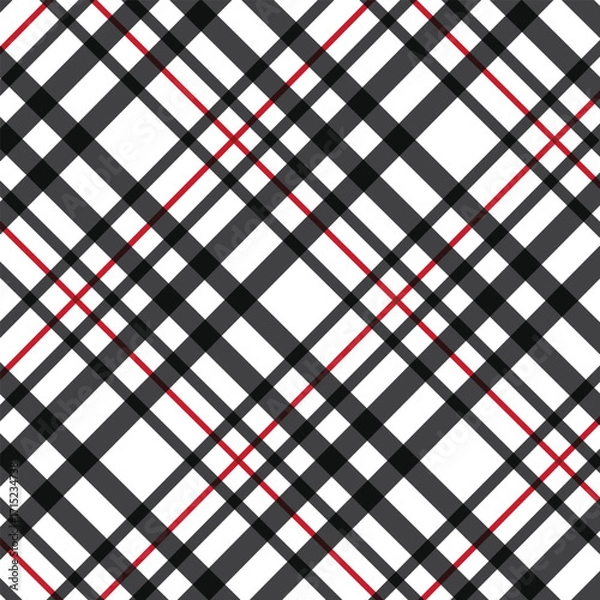 Fototapeta Seamless vector greay and red colour diagonal tartan pattern. Plaid background. Classic fashion wool pattern. For fabric, textile, wrapping, cover etc.