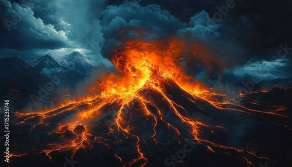 Fototapeta Powerful volcanic eruption with bright molten lava flowing down the mountain slopes under a dramatic cloudy sky