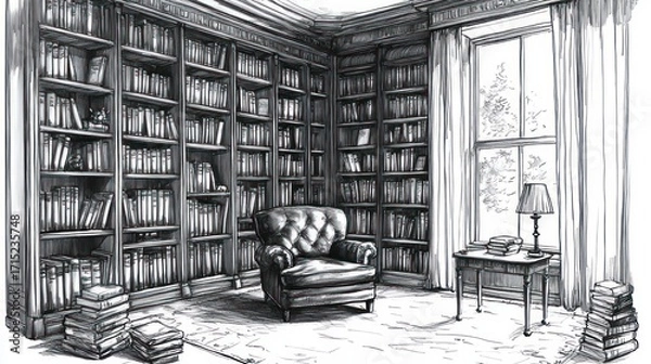 Fototapeta cozy home library with tall bookshelves, large window with curtains, leather armchair, side table with lamp and books, and piles of books on the floor