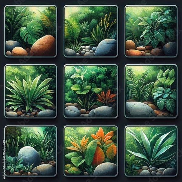 Fototapeta Collage of nine lush green and colorful tropical plants with rocks and foliage in natural sunlight varying in size and shades of green and orange